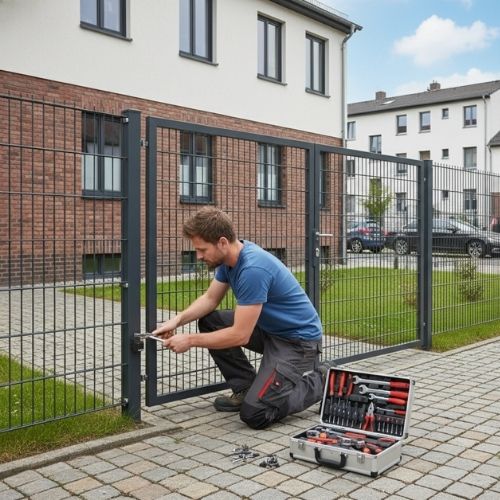Mann ist dabei Gartentor zu montieren